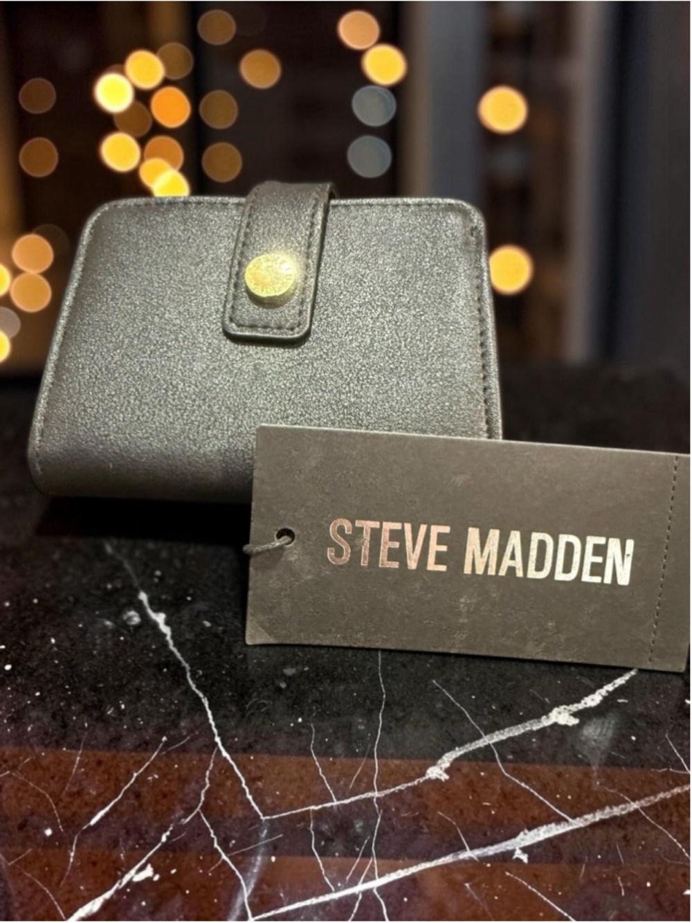 Steve Madden Black Bifold Wallet Gold Tone Snap Compact Organizer NWT